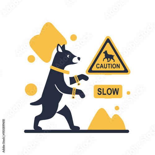 Playful Dog Character with Caution Sign and Slow Warning Elements