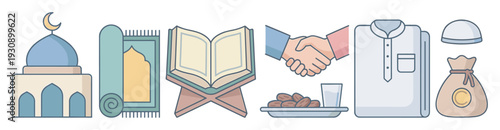 Islamic symbols and icons represent important religious traditions and practices, including prayer, charity, and community during holy months.