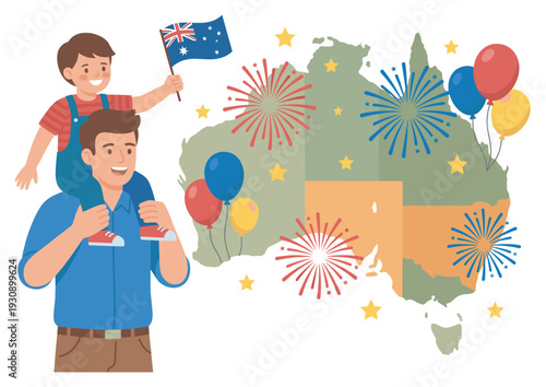 Happy father and son proudly wave Australian flag while celebrating national holiday with festive fireworks and balloons.