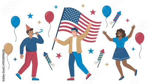 Diverse people celebrating American patriotic holiday with flag, fireworks, and balloons in a festive illustration.