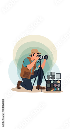 Professional Photographer Capturing Moments With Camera, Tripod, And Lens Filters For Creative