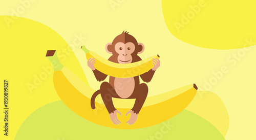 Playful Monkey Holding Bananas Yellow Abstract Background
