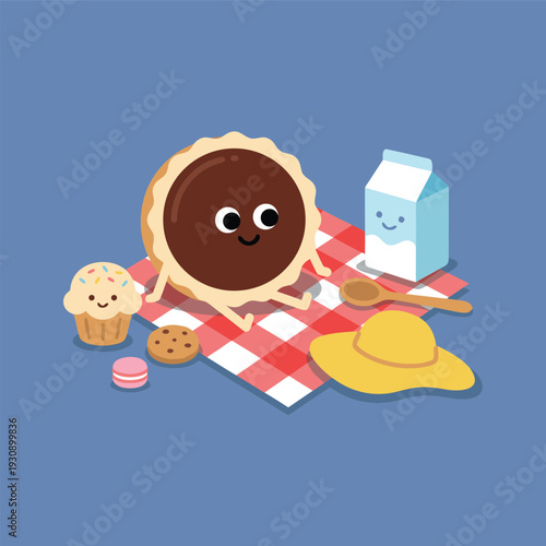 Cute Chocolate Tart Character Having a Picnic.