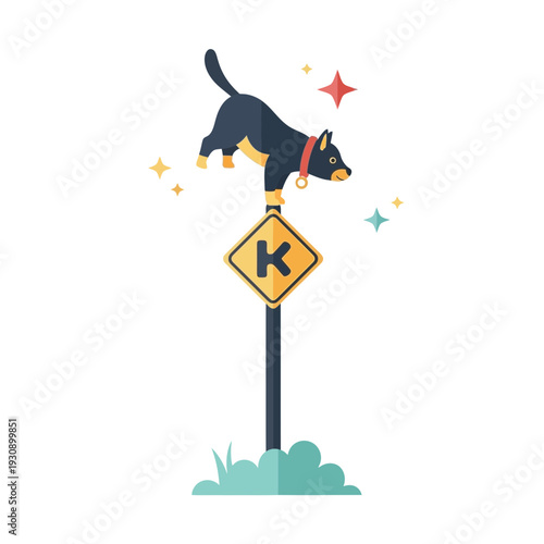 Playful Pooch Perched on a Signpost with Sparkles Illustration