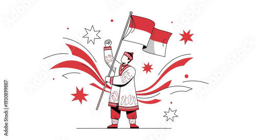Proud Figure Waving Indonesian Flag With Festive Red And White Accents
