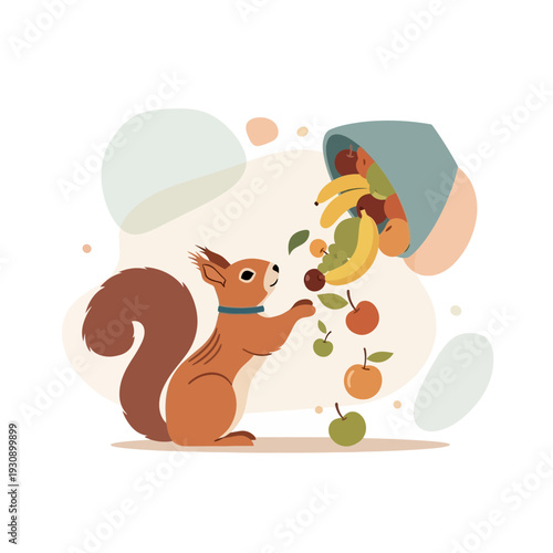 Playful Squirrel Gathering Delicious Fruits From An Overturned Bucket
