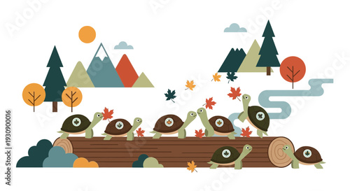 Playful Turtle Migration Through Autumnal Mountain Landscape