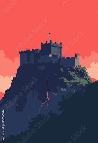 Edinburgh Castle sitting its volcanic rock, looking dark impenetrable rock is textured heavy black crosshatching Flat red sky behind fortress Blank area top