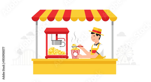 Popcorn Vendor At Amusement Park Stand With Ferris Wheel Background