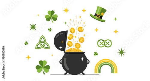 Pot Of Gold Coins And Shamrock Decorations For St Patricks Day Celebrations