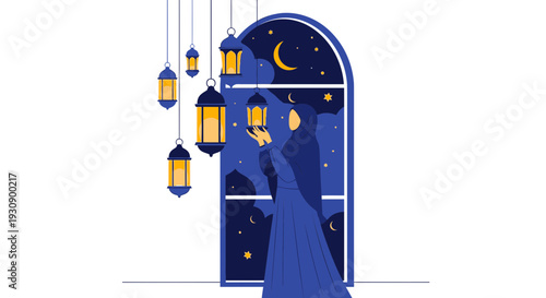 Ramadan Night Scene With Woman Holding Lantern Outside Window
