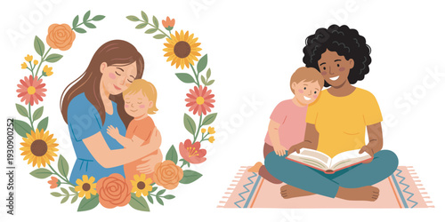 Mothers and children sharing tender moments of love and connection in two heartwarming illustrations depicting family joy.