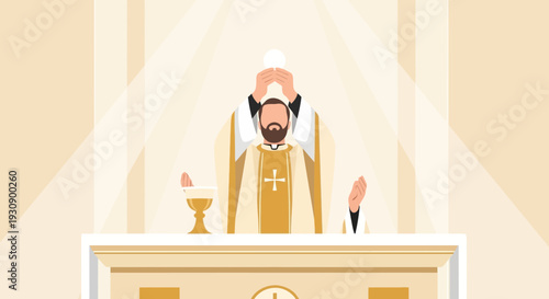 Priest Performing A Ceremony Holding Eucharist Above The Altar In Church Illustration