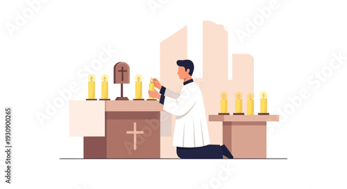 Priest Lighting Candles In A Church Ready For A Religious Celebration Ceremony Illustration