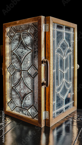 Salesman sample shows leaded glass designs framed in old wood carry case. See handle, wood frames, frosted & etched glass windows.