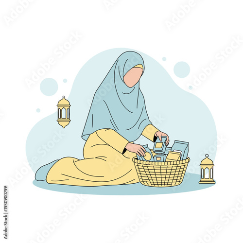 Ramadan Preparation Woman Arranging Basket Of Goods For Iftar Meals