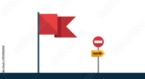 Red Flag And Road Signs Indicating Direction And Prohibition Minimalist Graphic