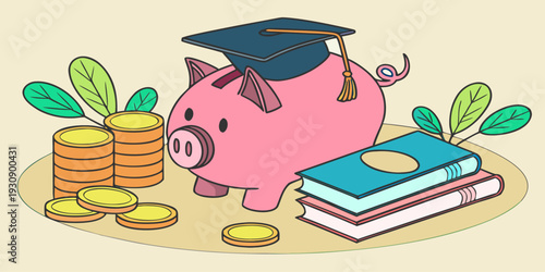 Financial education vector showing piggy bank, books, and coins representing student budgeting, learning investment, education expenses, and savings strategy concept.