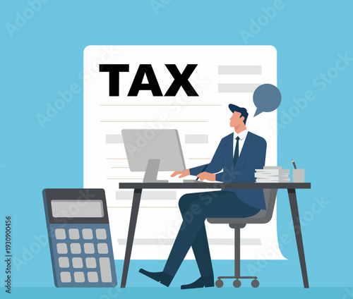 Businessman Working on Tax Filing and Calculations at Office Desk with Computer, Tax preparation and financial planning, corporate tax compliance and reporting