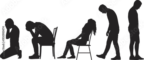 Depression and sadness silhouette set, stressed people sitting and walking alone, mental health concept vector illustration isolated