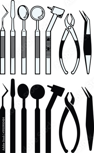 Dental instruments set illustration, dentist tools icons collection, black and white vector medical equipment for dentistry practice design