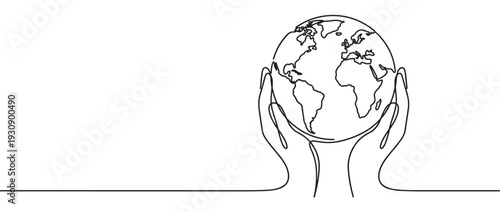 Hands holding planet Earth in a continuous line drawing style illustrating global care and environmental protection.