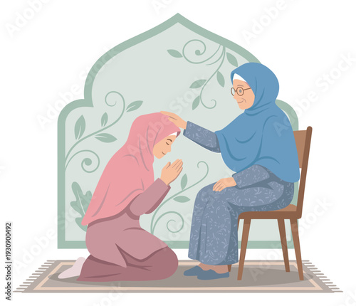 Two Muslim women show respect and receive blessings in a heartwarming display of intergenerational family tradition and cultural reverence.