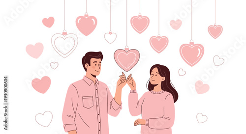 Romantic Couple Celebrating Love With Floating Hearts Decorations