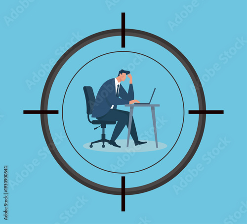 Stressed Businessman at Desk Targeted by Corporate Pressure or Headhunting, Employee feeling targeted by toxic workplace management, businessman suffering from burnout and stress under scrutiny