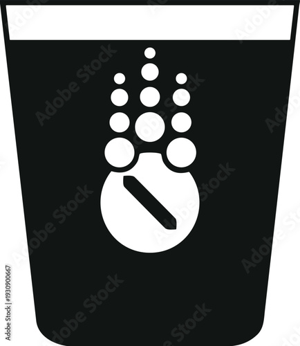 Effervescent tablet in glass silhouette illustration, dissolving medicine concept, healthcare drink icon, black monochrome vector isolated design