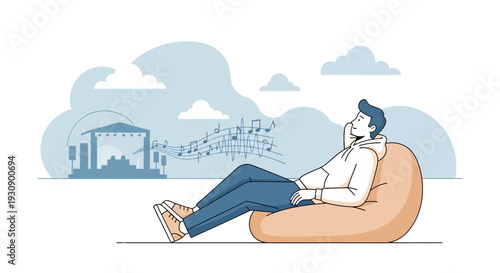 Relaxed Individual Enjoying Concert Music While Lounging on A Beanbag Chair Listening