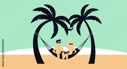 Relaxing Couple Lounging in Hammock Under Palm Trees During A Sunny Vacation