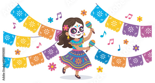 Cartoon girl with sugar skull face paint dancing happily with maracas under colorful papel picado banners for a festive celebration.