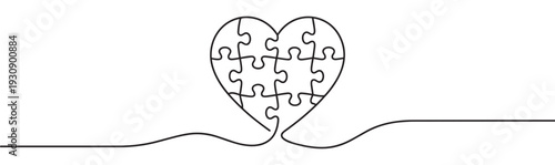 Heart puzzle continuous line drawing concept illustration symbolizing love, connection, and unity in a minimalist graphic style.