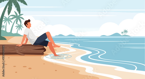 Relaxing On Tropical Beach: A Man Enjoying Tranquility And Contemplation by The Seaside