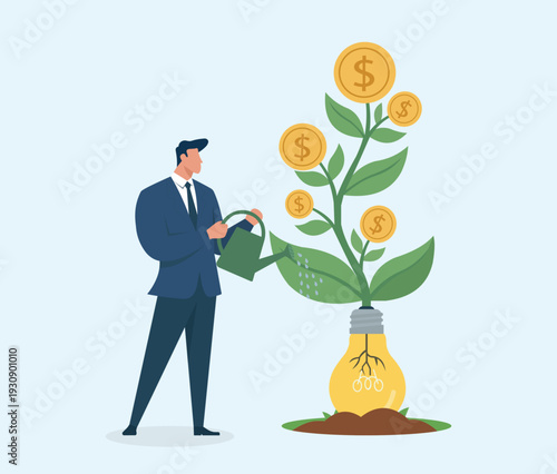 Businessman Watering a Money Tree Growing from a Lightbulb Idea, Financial growth strategy, investment in innovation, profitable business ideas, nurturing economic potential