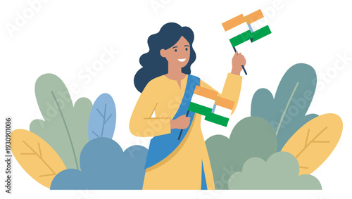 Indian woman proudly holds two national flags, celebrating her country's independence day and rich cultural heritage with a joyful smile.
