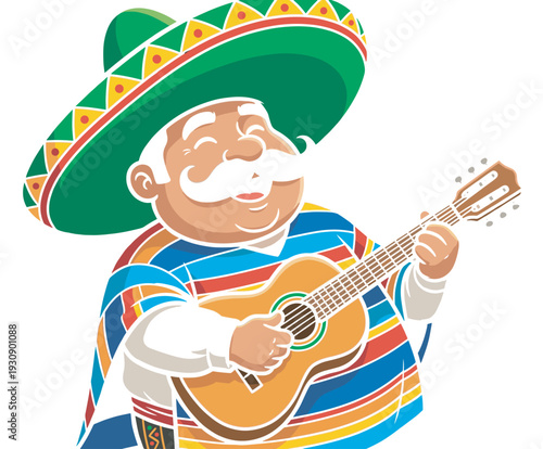 Mexican musician character plays a cheerful acoustic guitar tune while wearing a traditional sombrero and serape.
