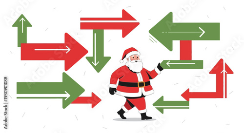 Santa Claus Navigating A Maze Of Christmas Arrows Symbolizing Choice