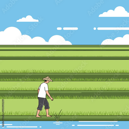 Rural Farmer Tending Lush Green Rice Paddies Under Blue Sky