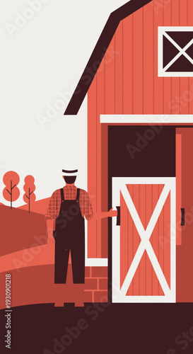 Rural Farmer Standing By A Rustic Barn Door Preparing For A New Day