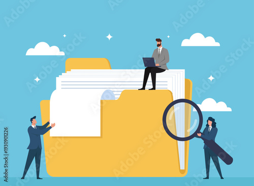 Business Team Collaborating on Data Management and Analysis, Digital file organization, document research and audit, teamwork in data processing, information retrieval strategy