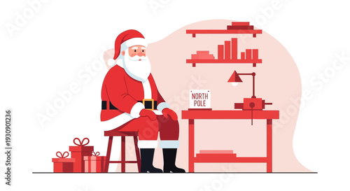 Santa Claus Sitting In Workshop With North Pole Sign And Gifts