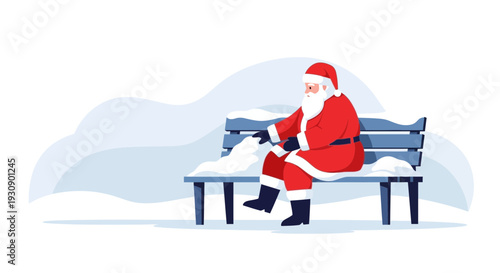 Santa Claus Sitting On A Snowy Bench Waiting For Christmas