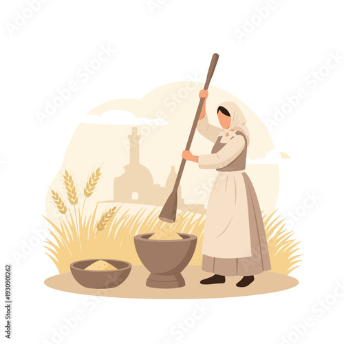 Rural Tradition Of Ancient Grain Processing In A Stylized Landscape
