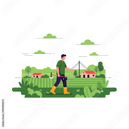 Rural Worker Strides Through Verdant Fields Amidst Farmstead Charm
