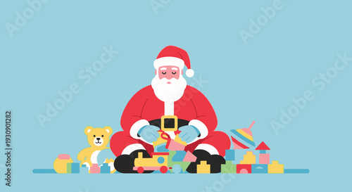 Santa Claus Surrounded By Classic Children's Toys And Building Blocks