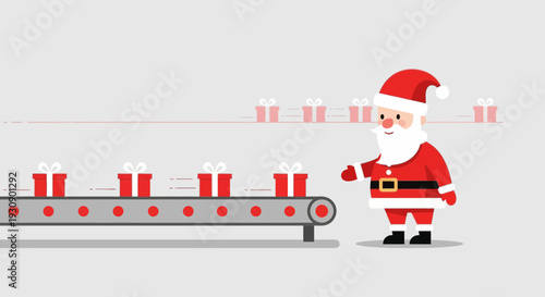 Santa Claus Supervising Gift Production Line Festive Christmas Celebration