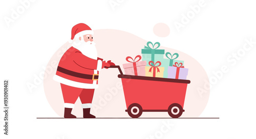 Santa Pushing Shopping Cart Full Of Gifts Festive Christmas Holiday Illustration