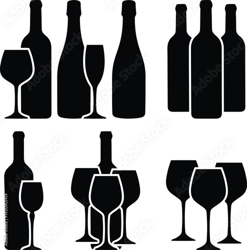 Wine bottle and glass silhouette set vector illustration.
